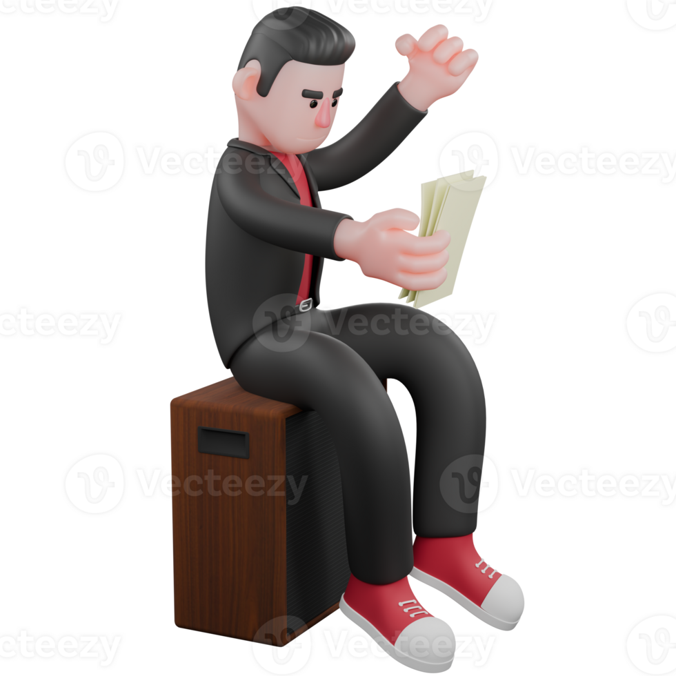 Choreographer in 3D. a male choreographer sits on a speaker with his right hand holding a paper and his left hand clenched. Dance Star Model png