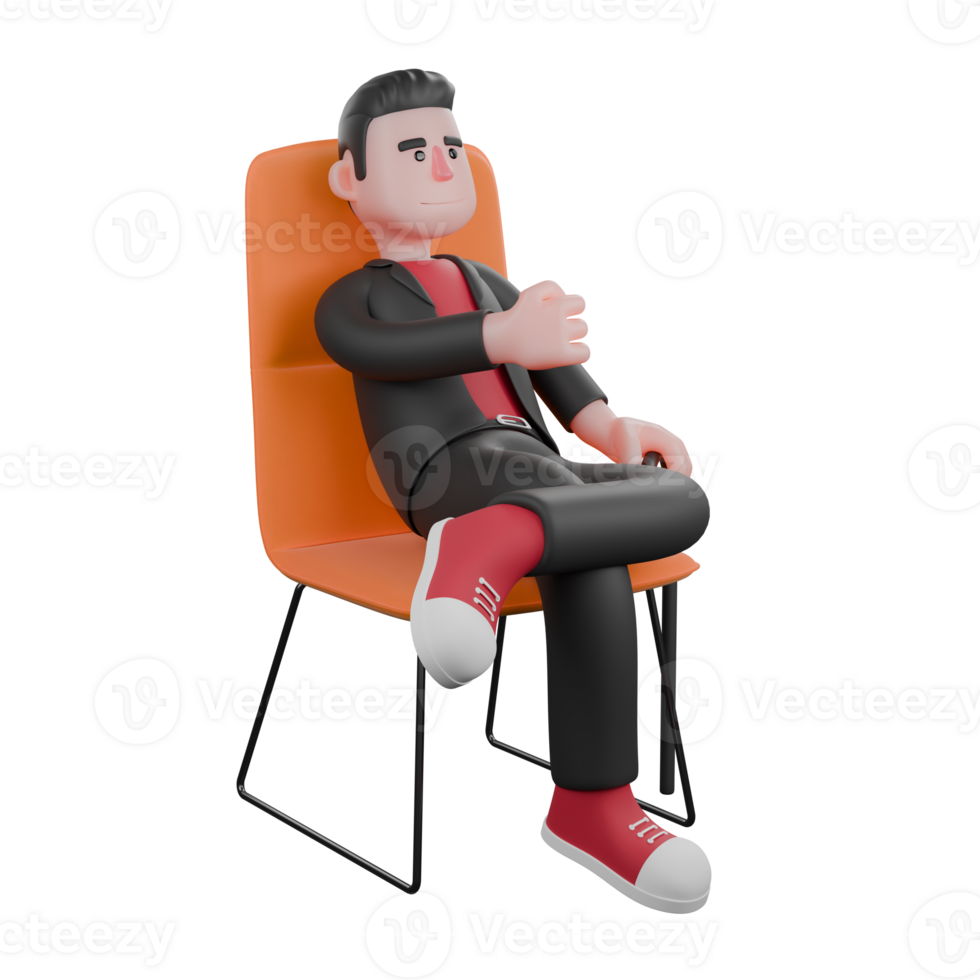 3D Choreographer Dance Star. A male choreographer sits on a chair with his left leg bent over his right leg. Cartoon Model png