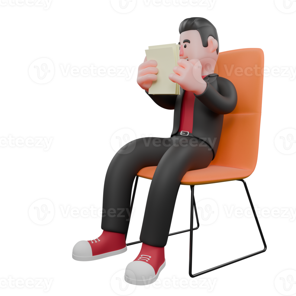 Choreographer Character in 3D Model. a male choreographer sits on a chair with both hands holding a paper while his eyes look at the paper he is carrying. Dance Star png
