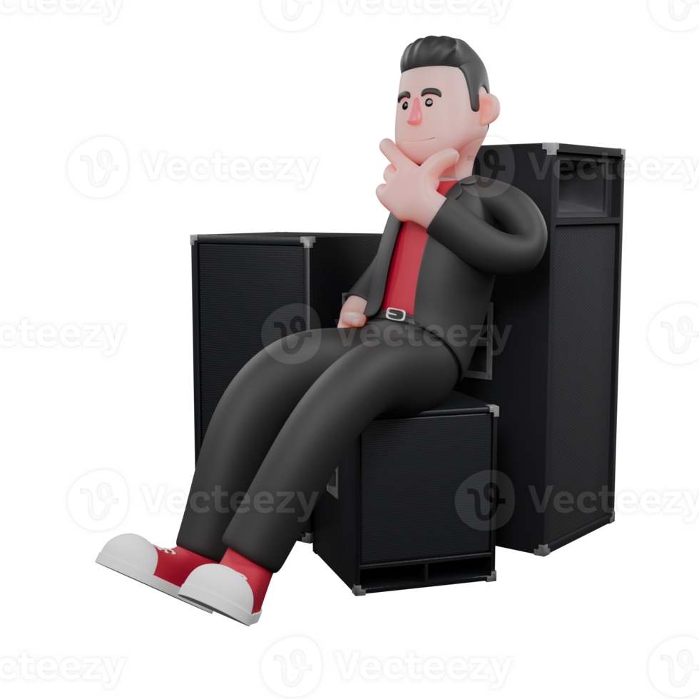 3D Choreographer Dance Artist. A male choreographer sits on a speaker with his left hand on his chin. Animated Performer png