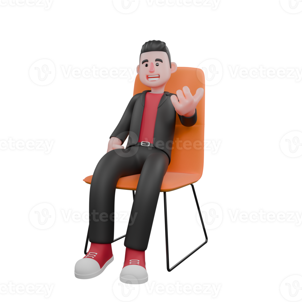 Dance Performer Cartoon in 3D. a male choreographer sits on a chair with one hand forward, a wide smiling expression. Choreographer Model png