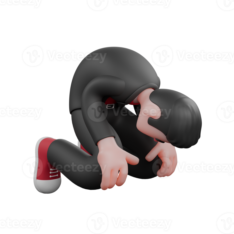 3D Model of Dance Choreographer. A male choreographer kneels on the floor with his head on his knees, both hands on his knees, with a sad expression. Animated Performer png