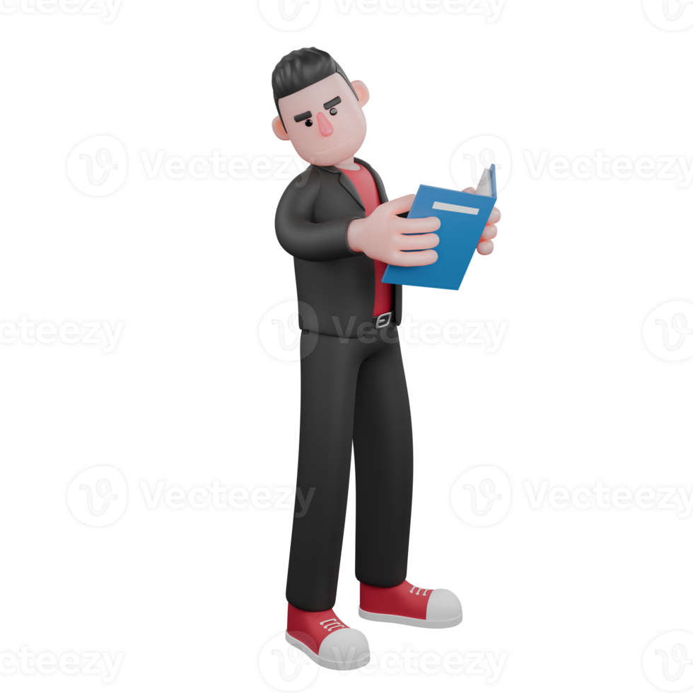 3D Dance Performer in Cartoon. A male choreographer stands with a book in his hand, looking into the distance with full of plans. Choreographer Model png