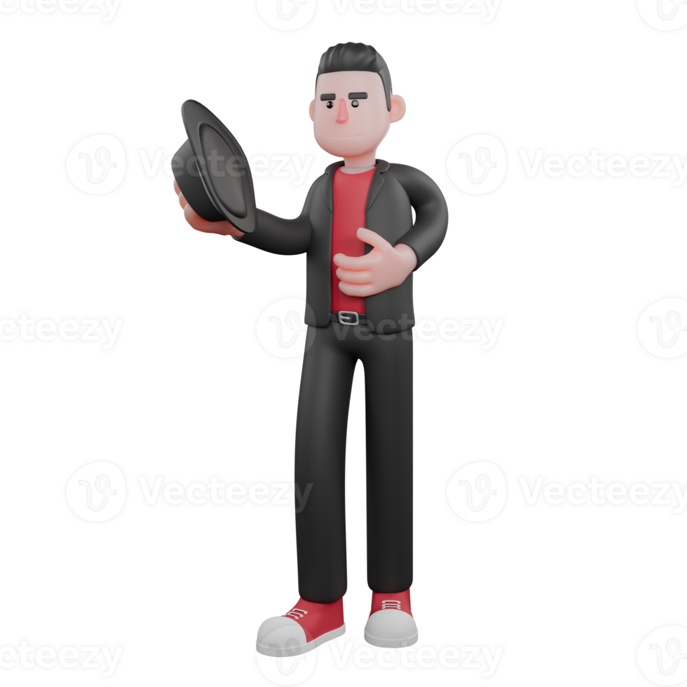 Dance Creator 3D Character. A male choreographer stands with his right hand holding a hat. Choreographer Model png