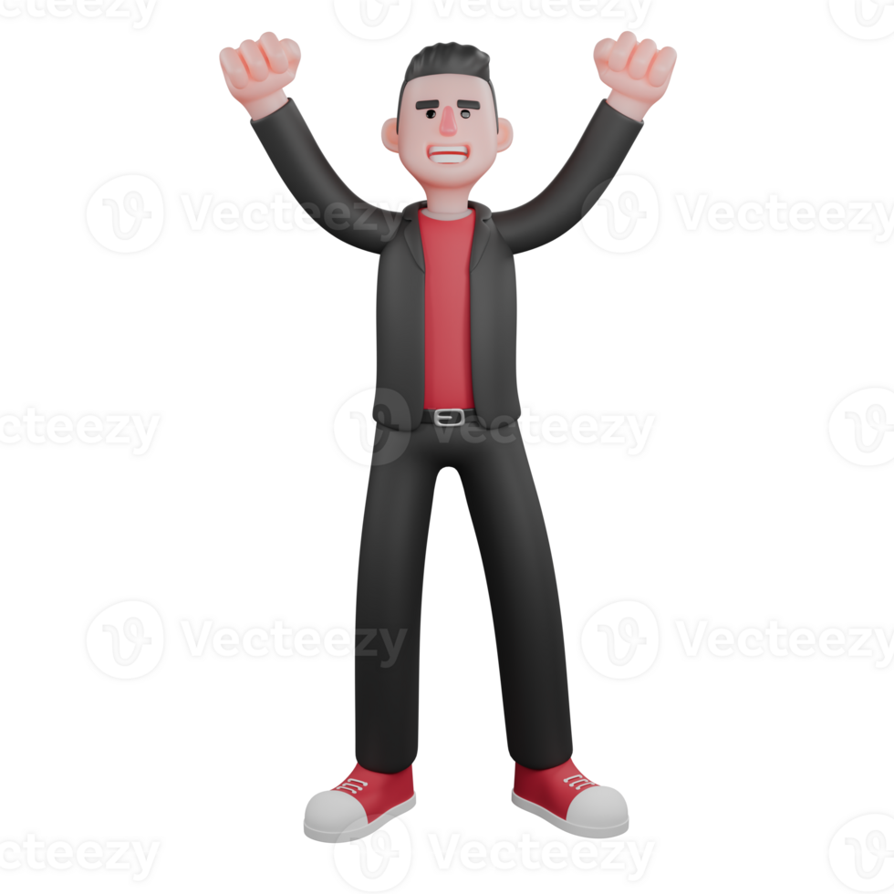 3D Model of Cartoon Dance Choreographer. a male choreographer stands with both hands in the air while clenching with a happy expression. Performer png