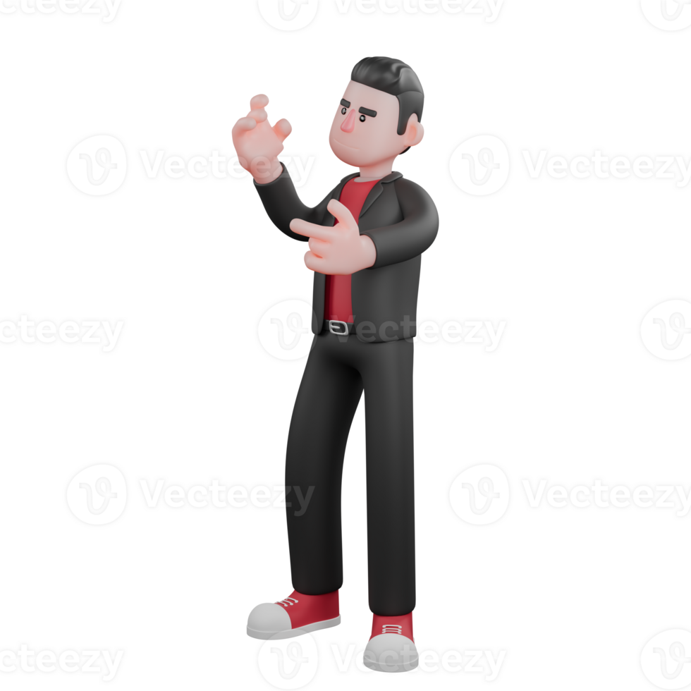 Cartoon Dance Artist in 3D. a male choreographer stands while his left hand forms a gun with a serious expression. Choreographer Character png