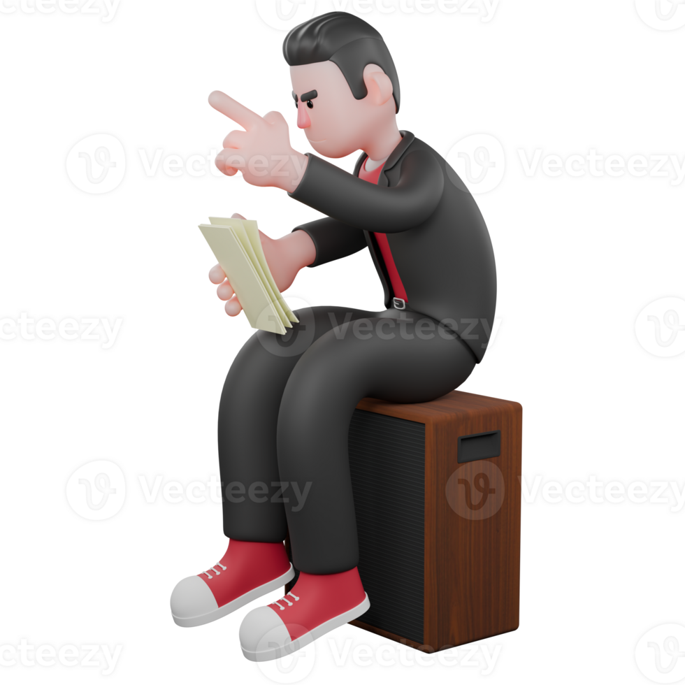 3D Dance Artist Character. a male choreographer sits on a speaker with his right hand holding a paper and his left hand pointing up. Cartoon Choreographer png
