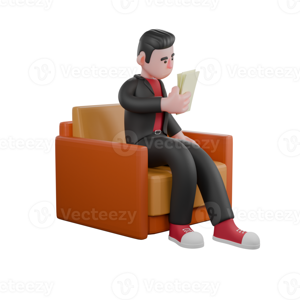 3D Choreographer Model. a male choreographer sits on a sofa while carrying some papers in his right hand with a serious expression. Animated Dance Artist png