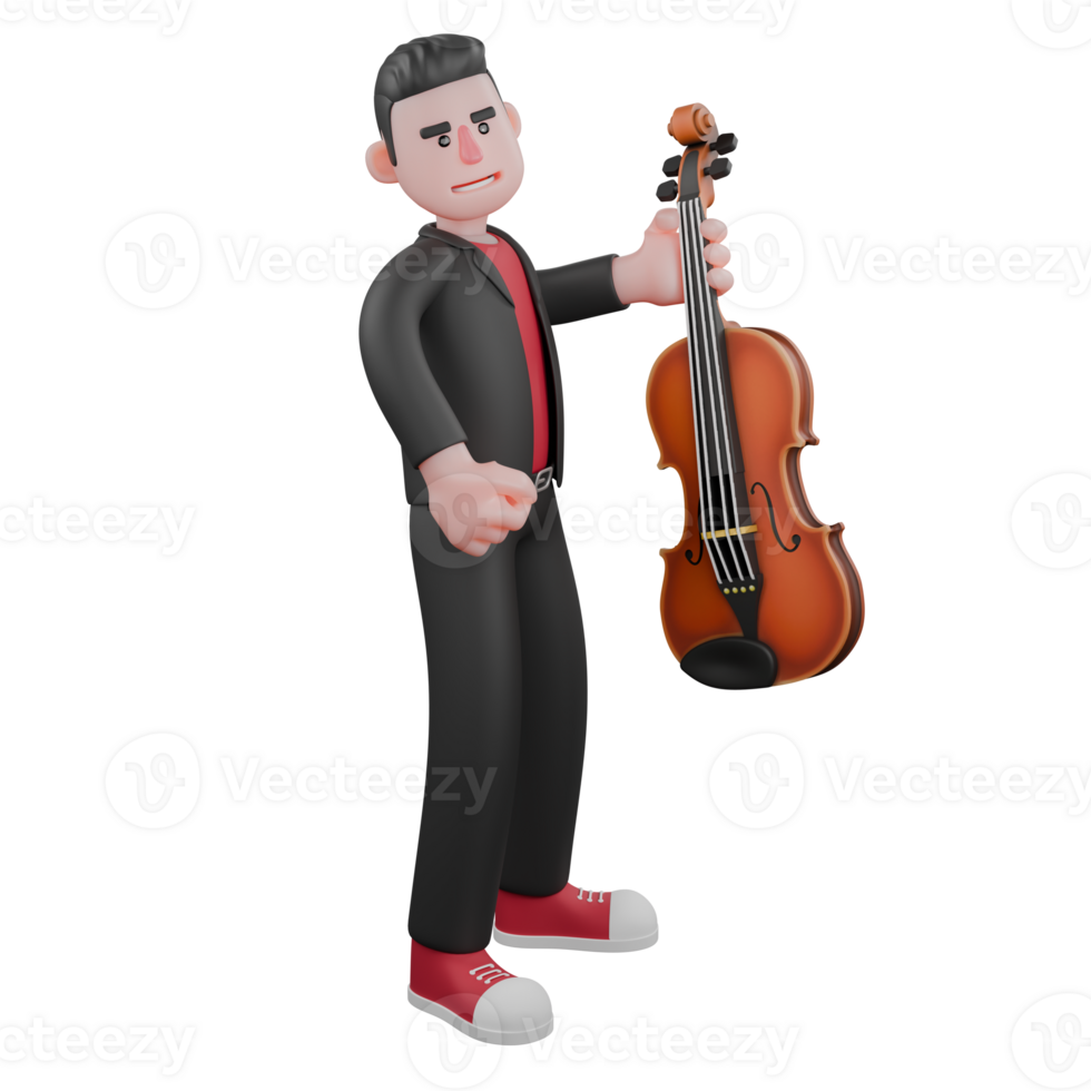 Dance Performer Cartoon. a male choreographer stands facing sideways while holding a contrabass. 3D Choreographer png