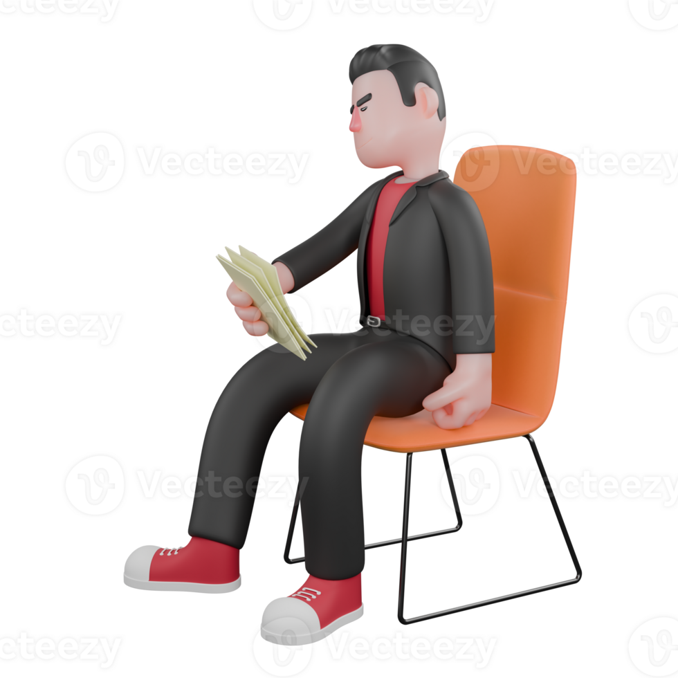 3D Cartoon Dance Performer Character. A male choreographer sits on a chair holding some papers with a focused expression. Choreographer png