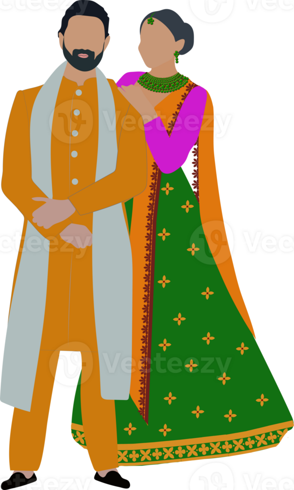 Indian wedding couple illustration for save the date, mehndi or Haldi invitation png