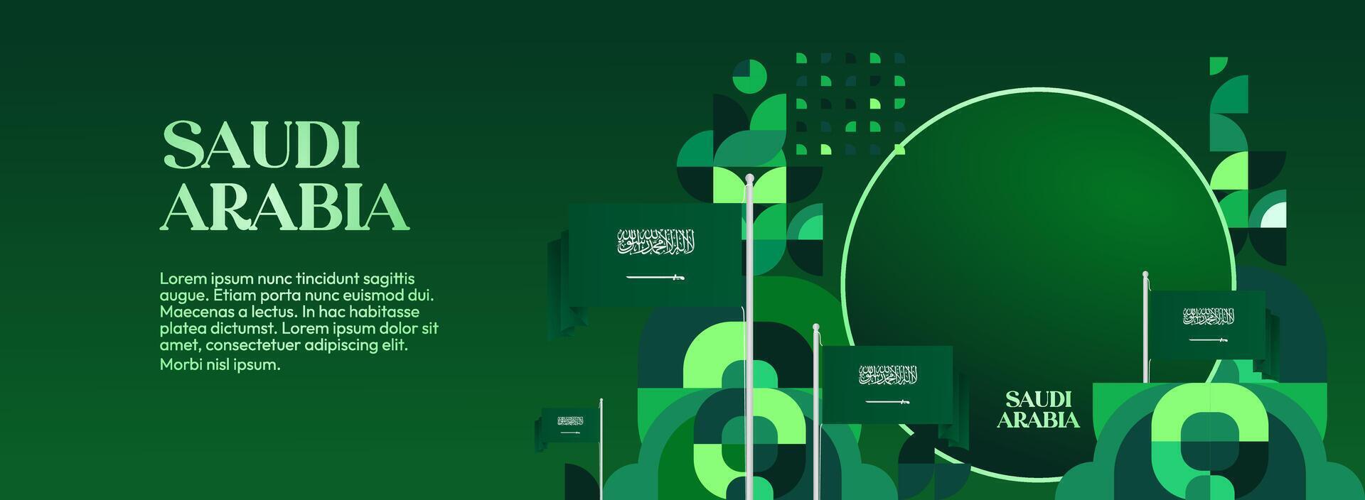 Green geometric themed wide banner design with Saudi Arabia flag, ideal for various public events, including sporting events, festivals and advertising. vector
