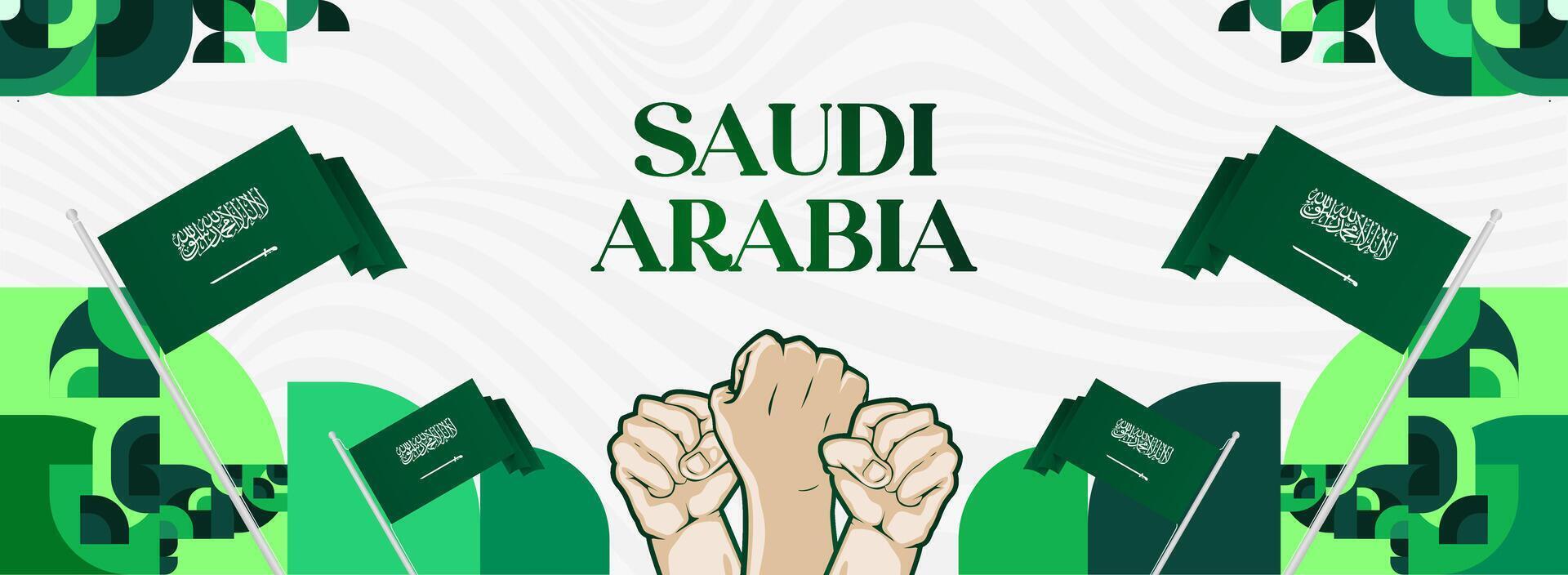 Saudi Arabia geometric banner with hands raised in enthusiasm vector