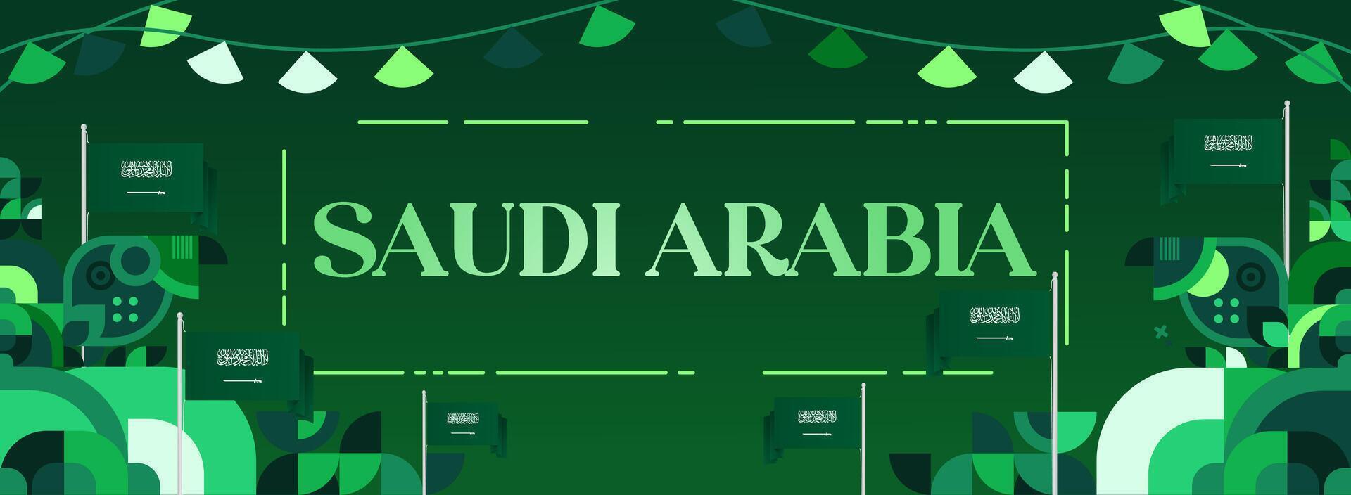 Wide banner illustration with green geometric design and Saudi Arabian flag, perfect for National Day celebration or public promotion. vector