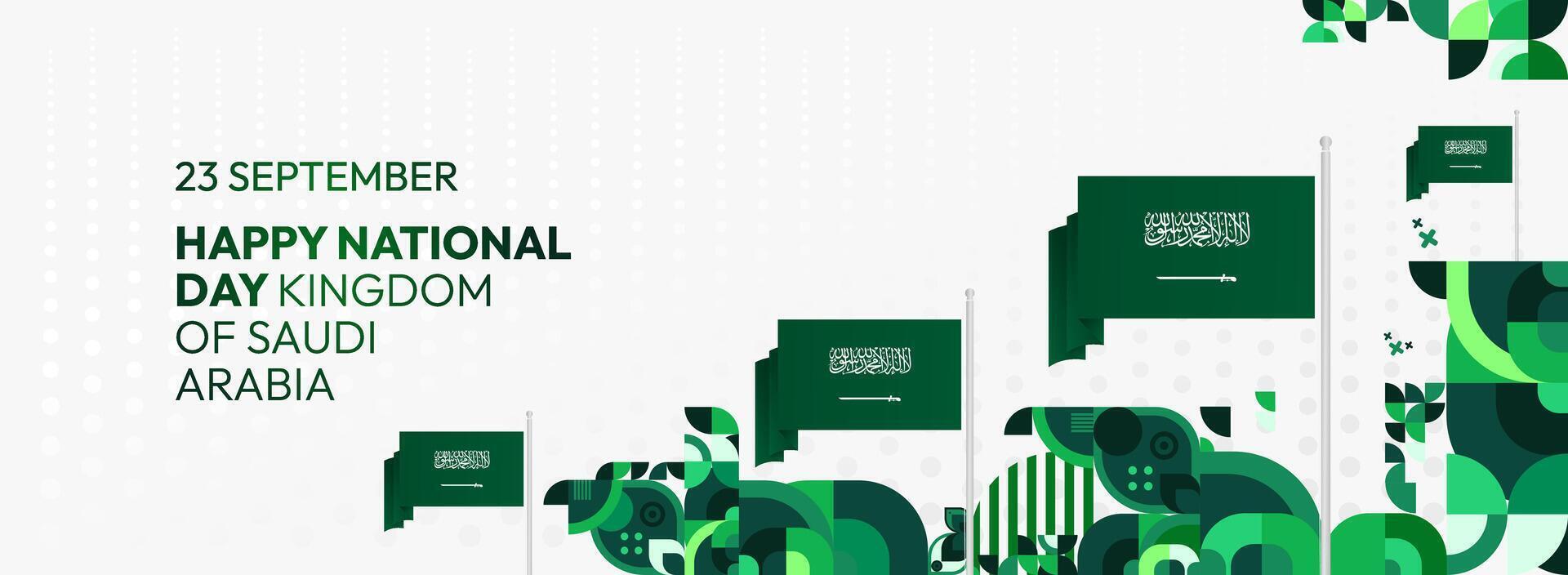 A wide banner featuring a geometric design featuring the Saudi Arabian flag, giving a fresh and dynamic feel to National Day events and festivals. vector