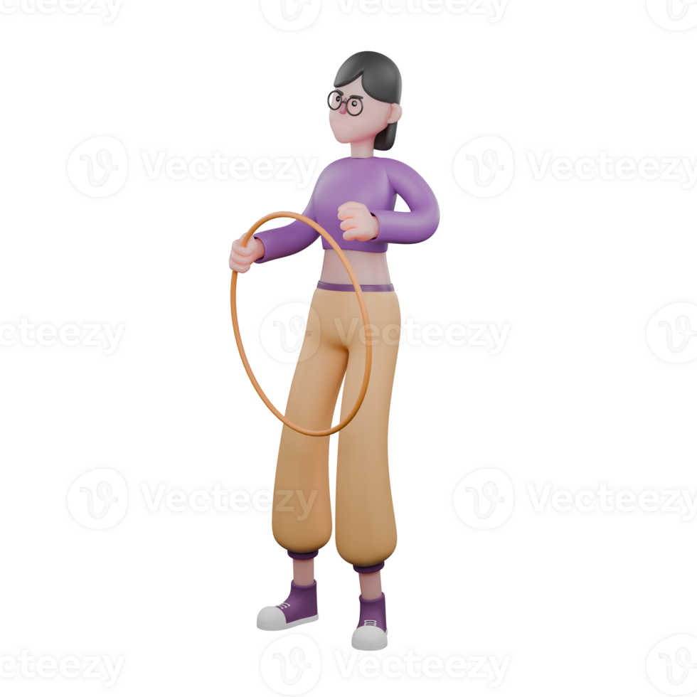 3D Animated Dance Artist. A female dancer stands holding a toy hoop in her hand with an angry expression. Performer Model png