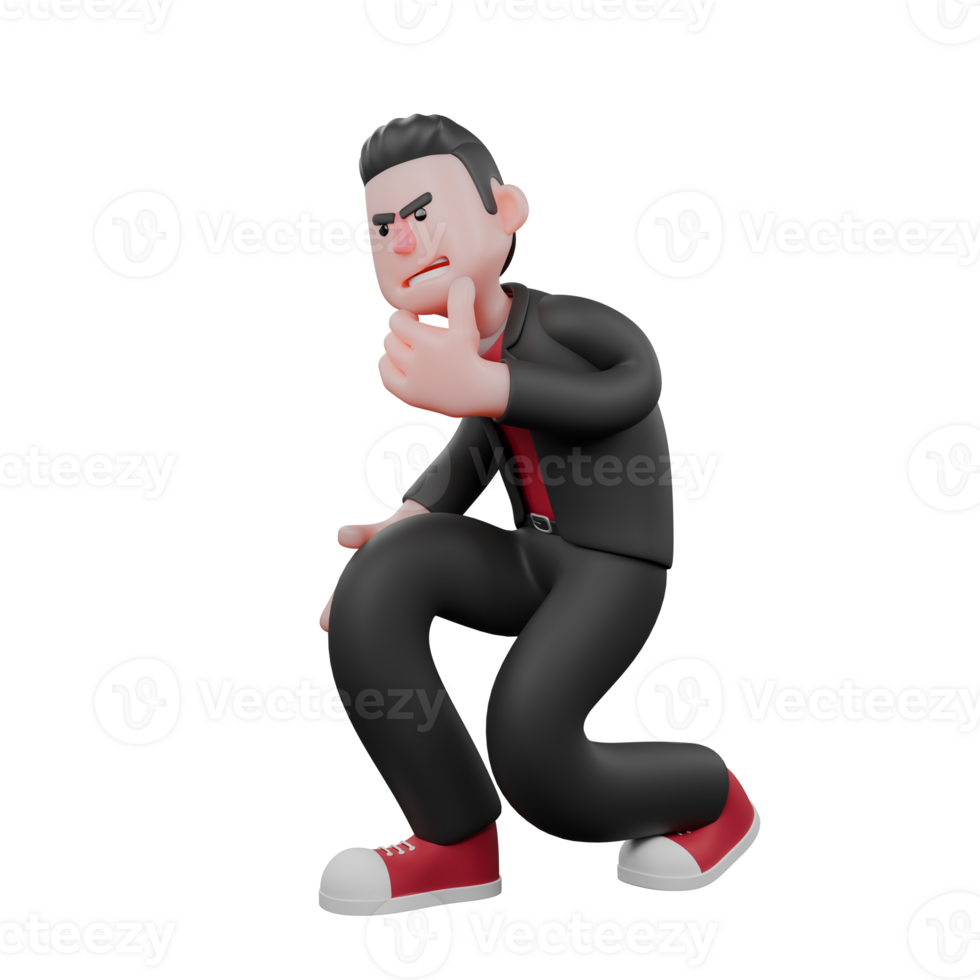 3D Choreographer Character Design. A male choreographer squats with his right hand on his thigh, and his left hand on his chin. Dance Performer png