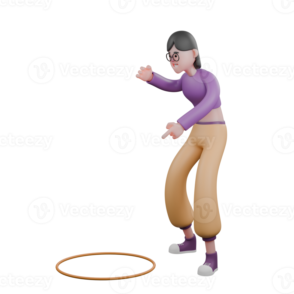 3D Cartoon Dancing Star Model. A female dancer stands behind a hoop toy with her left hand pointing down with a happy expression. Performer Character png