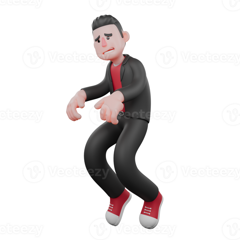 Cartoon Choreographer Model. A male choreographer legs bent and both hands in front with a frightened expression. 3D Dance Artist png