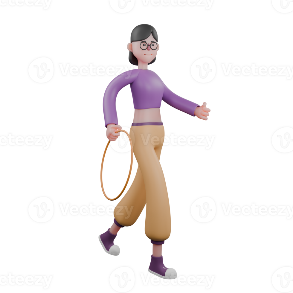 3D Cartoon Dance Star. A female dancer walks while her right hand is holding a toy hoop. Interesting Movement png