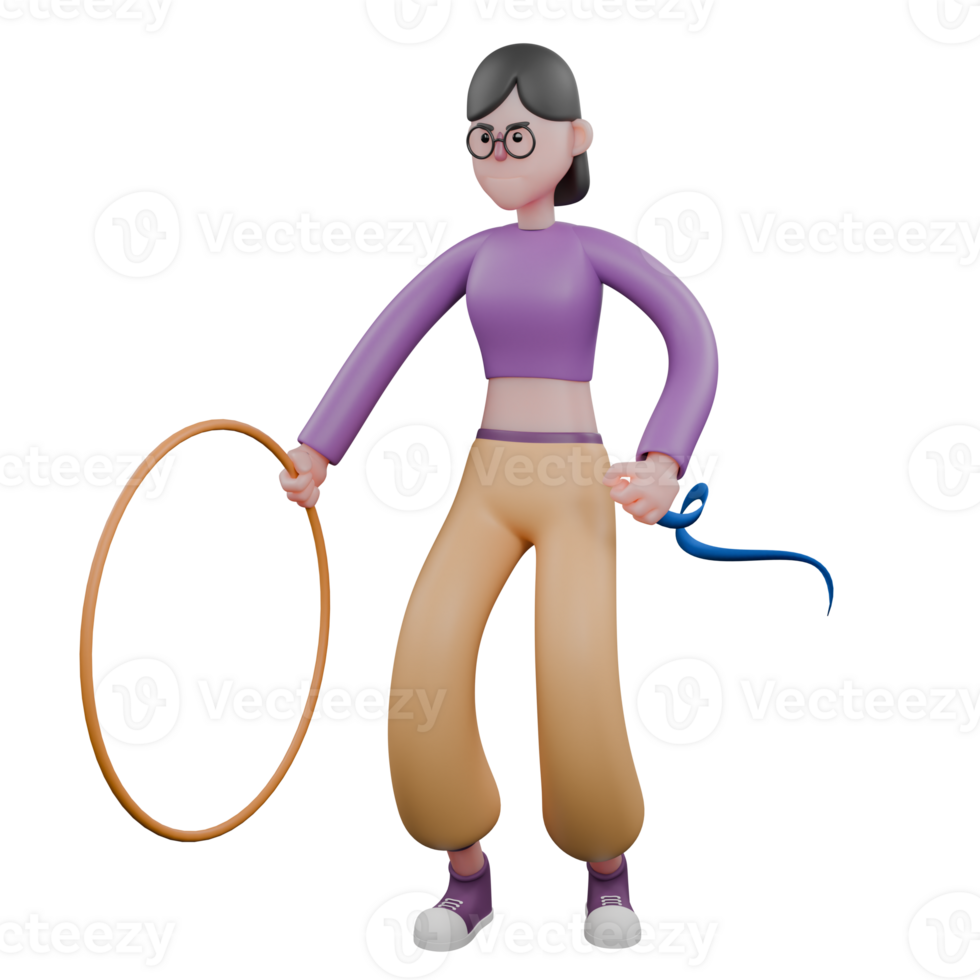 Dancer Character in 3D Design. A female dancer is standing while looking at a circle toy hoop held by her right hand and her left hand is holding a blue rope. Animated Performer png