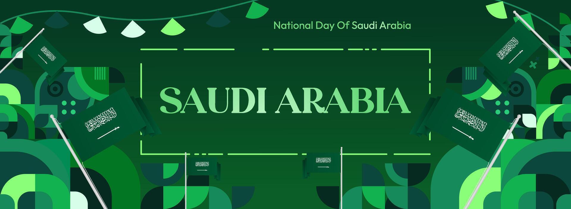 Green geometric style banner illustration with Saudi Arabian flag, perfect for commemorative events, public posters, and special National Day greeting cards. vector