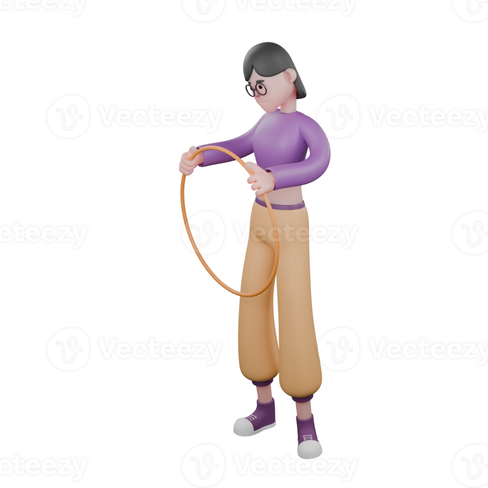 3D Dance Performer Cartoon Model. A female dancer standing holding a toy hoop in hand with eyes focused on the toy hoop. Creative Talent png