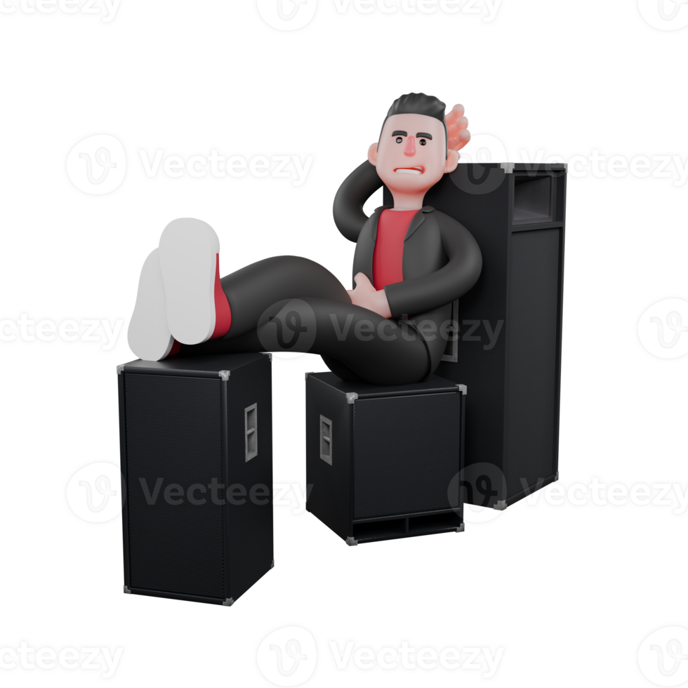 3D Model of Dance Choreographer Character. A male choreographer sits on a speaker with his right hand on his head, with a relaxed expression. Animated Artist png