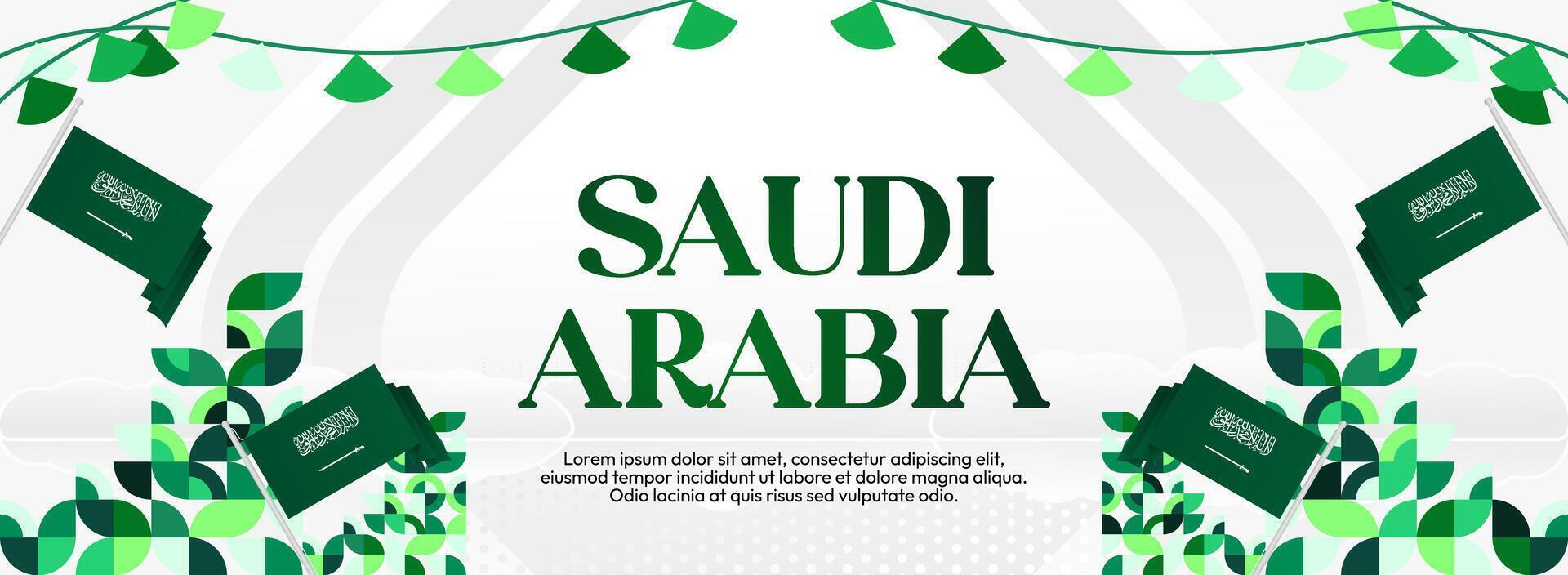 A geometric banner design featuring the Saudi Arabian flag on a white background, ideal for use on posters, invitation cards or major national events. vector