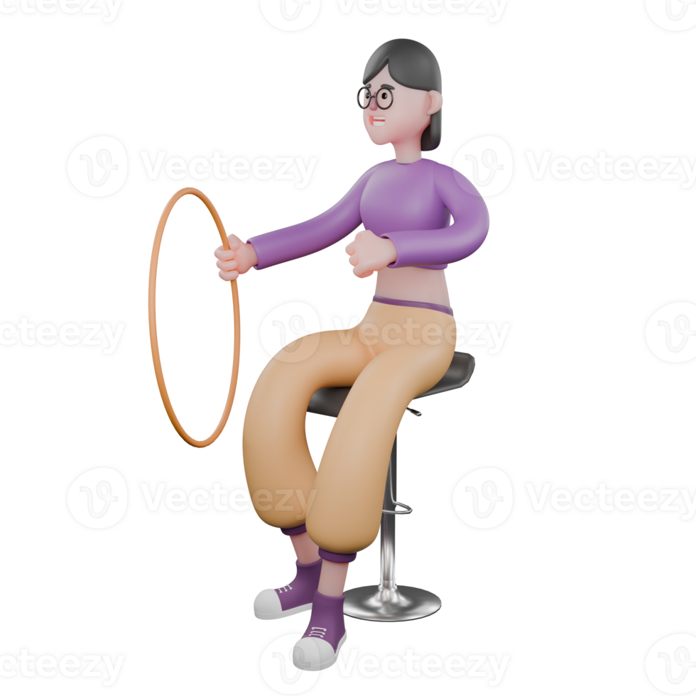 3D Cartoon Dance Performer Star. A female dancer sits on a chair holding a toy hoop in hand with a happy expression. Performance Artist png
