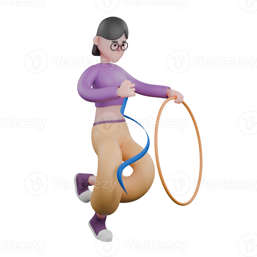 3D Dancer Star Model. A female dancer runs while holding a hoop toy and a blue ribbon in her hand with a serious expression. Animation Talent png