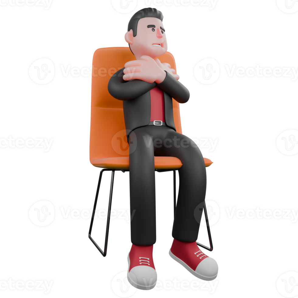3D Cartoon Choreographer Performance. A male choreographer sits on a chair with both hands on his chest. Dance Artist png