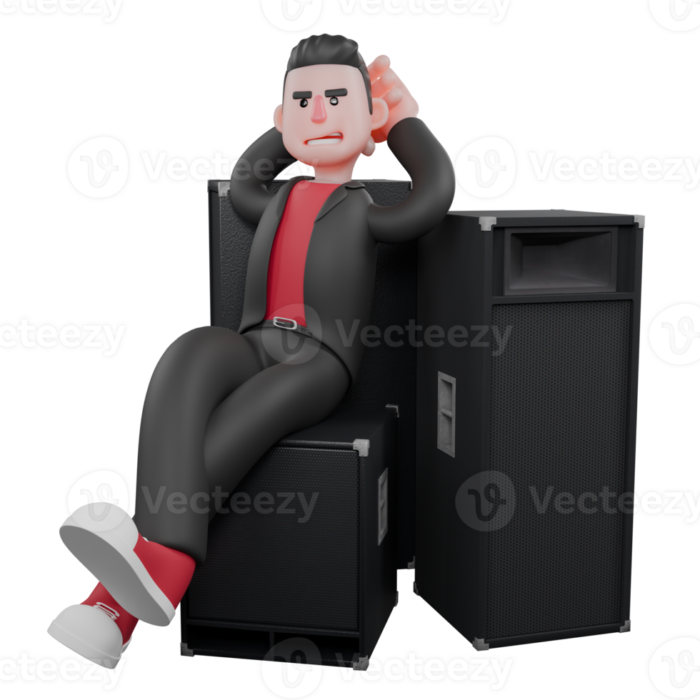 Choreographer Character in 3D Animation. A male choreographer sits at the speaker with his back against it and both hands above his head, with a relaxed expression. Dance Creator png