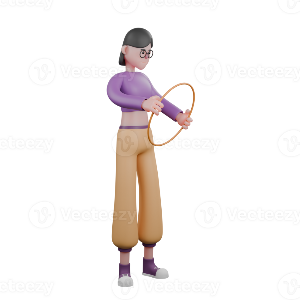 3D Cartoon Dance Performer. A female dancer stands and looks down at the toy hoop she is holding with both hands. Vibrant Model png