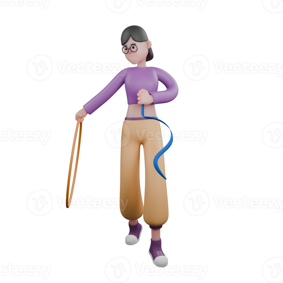 3D Cartoon Dance Performer. A female dancer walks while holding a hoop toy and a ribbon in her hand with a serious expression. Performer Model png