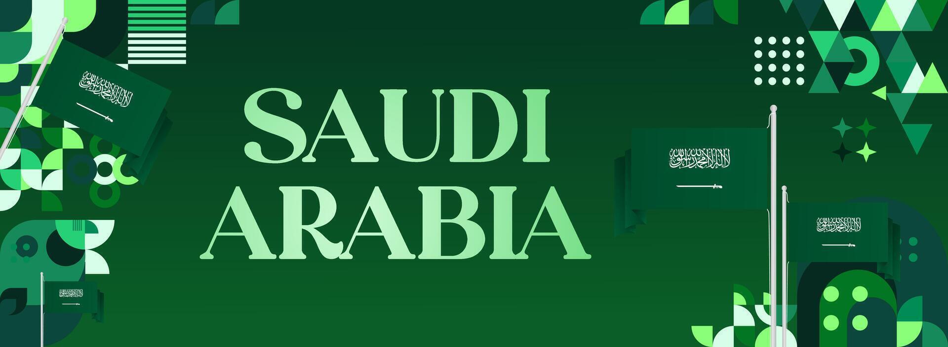 Modern banner illustration with green geometric background and Saudi Arabian flag, perfect for various National Day celebration purposes, from posters to important event promotions. vector