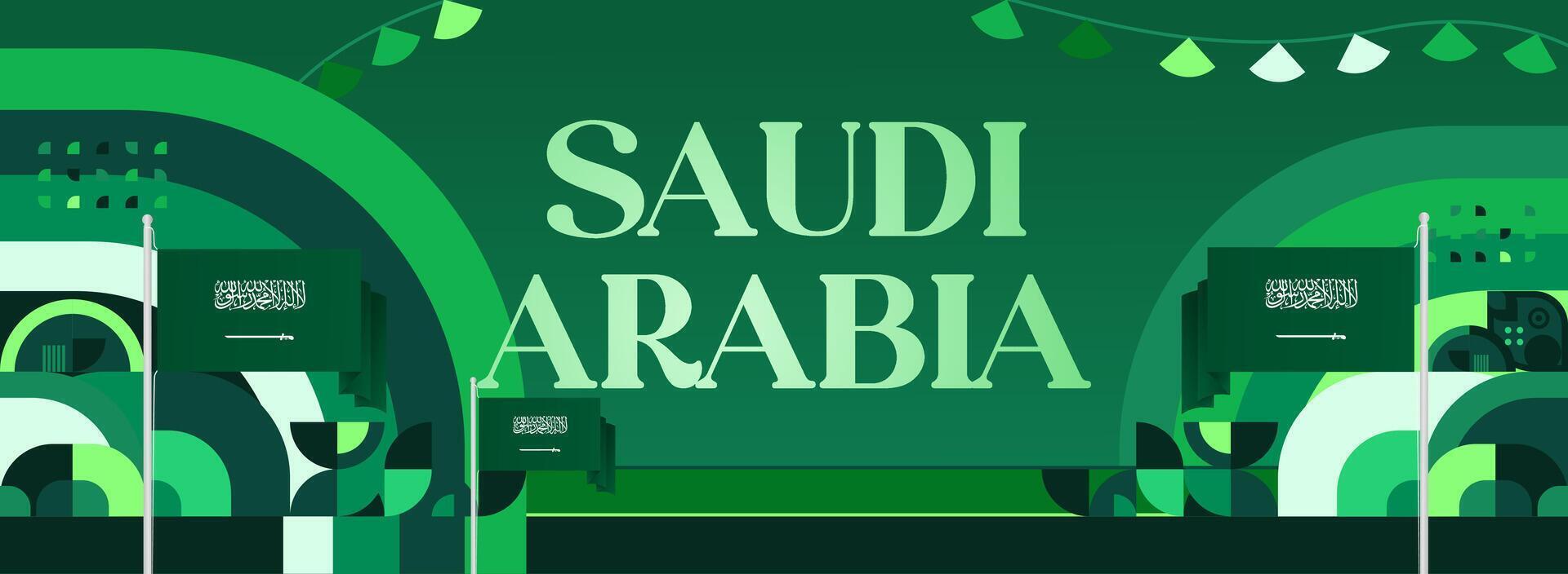 Green geometric banner design illustration with Saudi Arabian flag, ideal for Independence Day promotion, greeting cards, and marketing materials at national events. vector