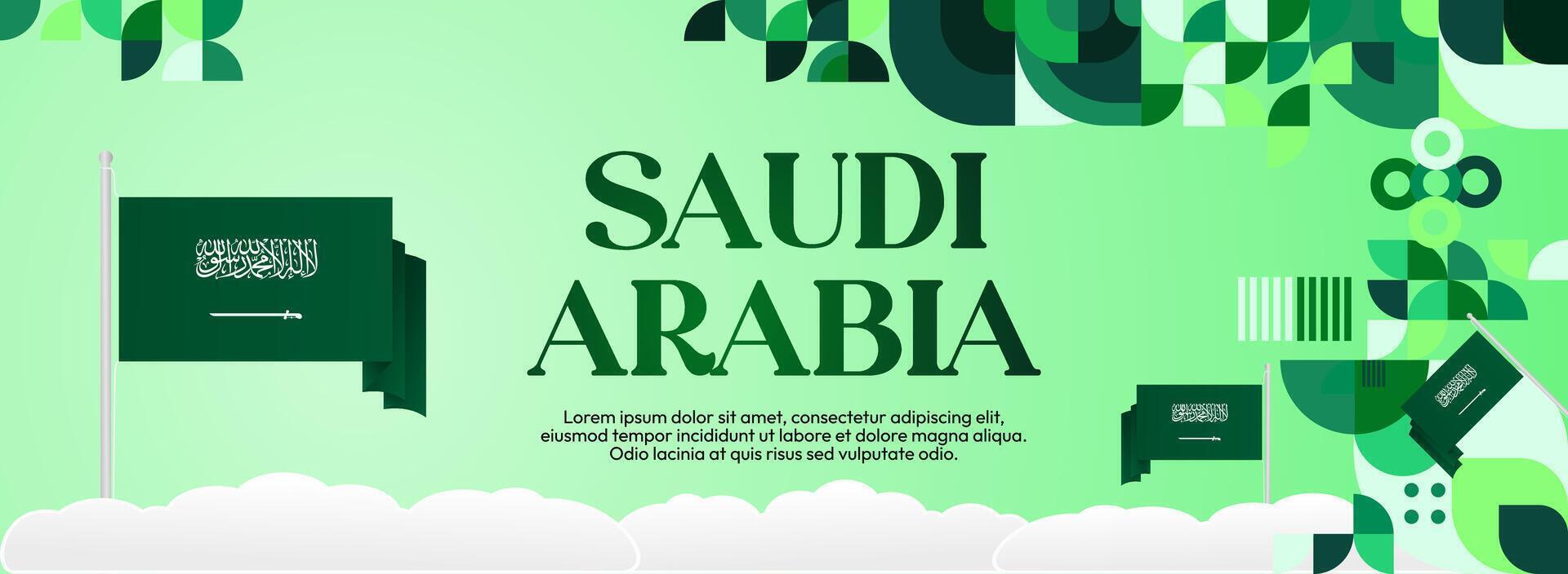 Wide banner with geometric green background and Saudi Arabia flag, ideal for festival events, event promotions and Saudi Arabia Independence Day advertisements. vector