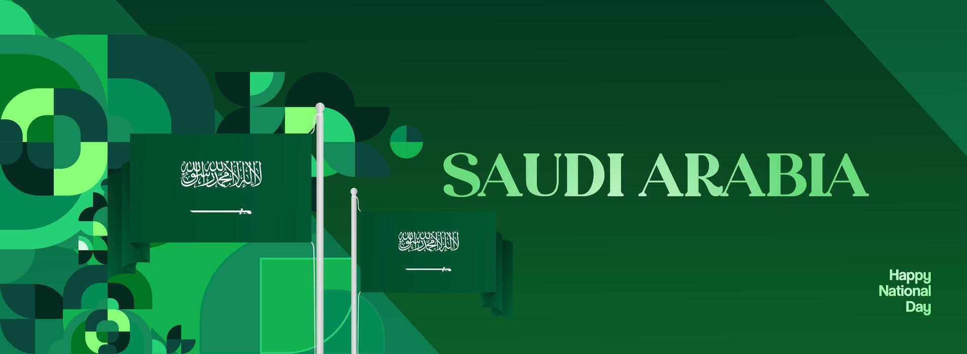 Wide banner template for Saudi Arabia Independence Day, using green geometric design with country flag, suitable for various public events and national festivals. vector