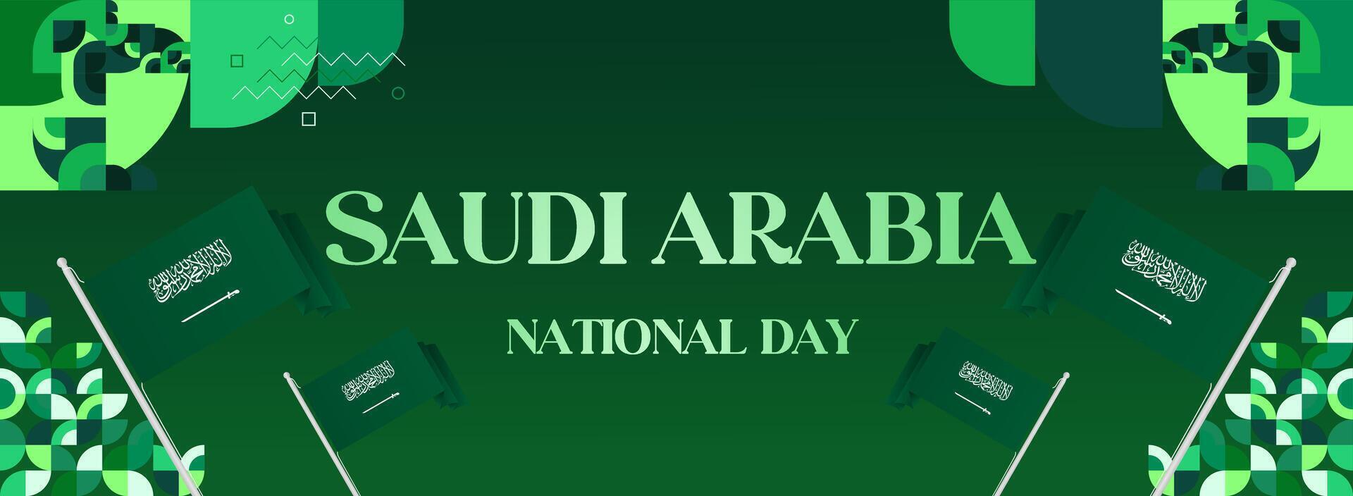 Saudi Arabia National Day banner template design with elegant green background, decorated with geometric elements and country flag, suitable for invitation cards and flyers. vector