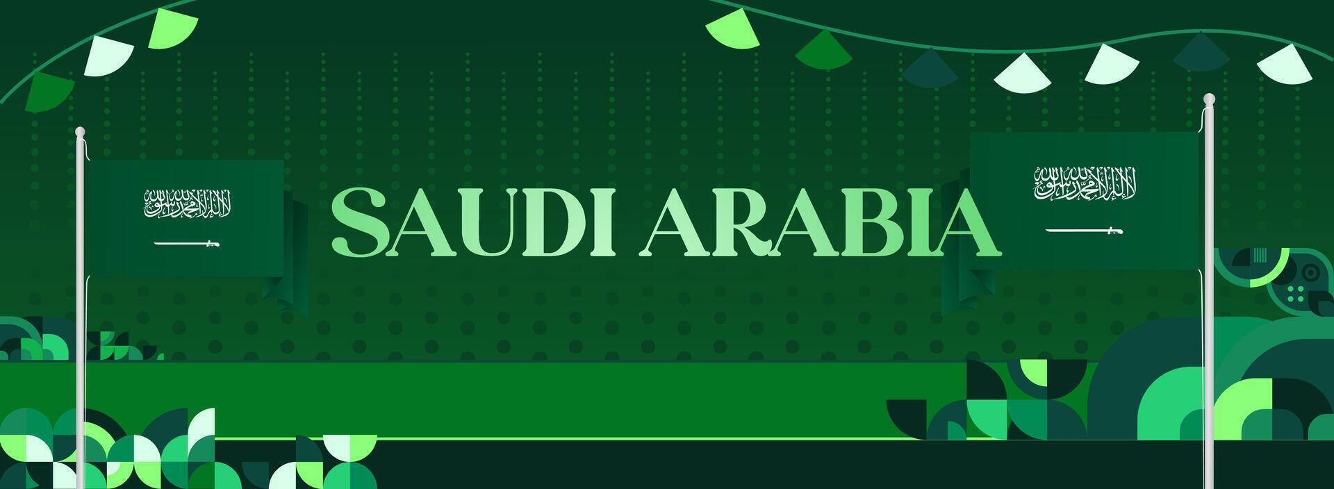 Modern green banner design template with geometric elements and Saudi Arabia flag, suitable for greeting cards, music events and promotional flyers. vector