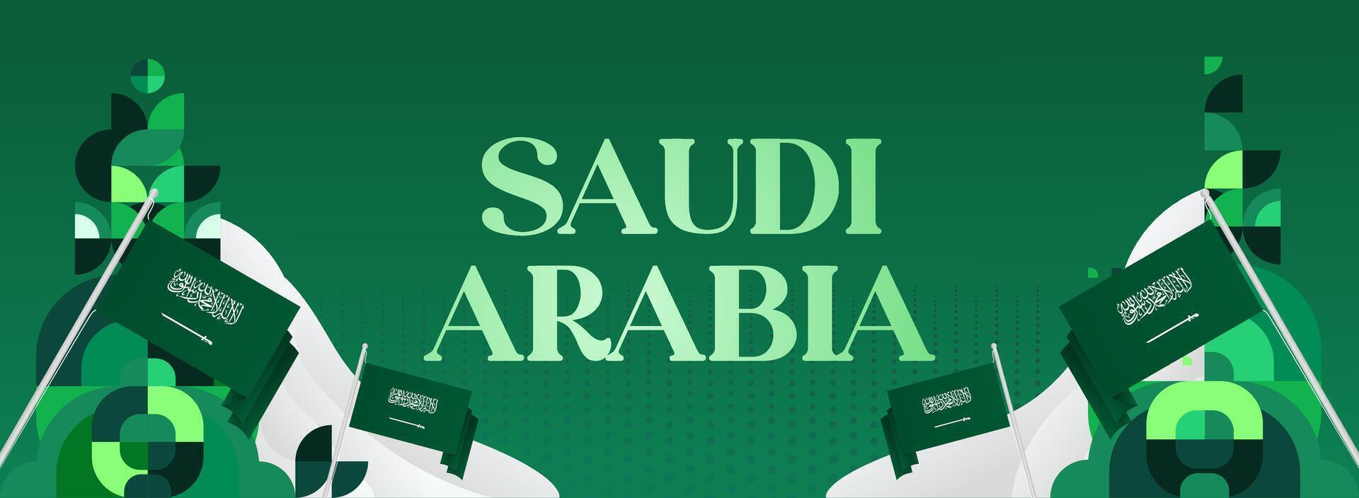 Saudi Arabia Independence Day banner with green geometric design and country flag, can be used for promotions, big events, and National Day advertisements. vector