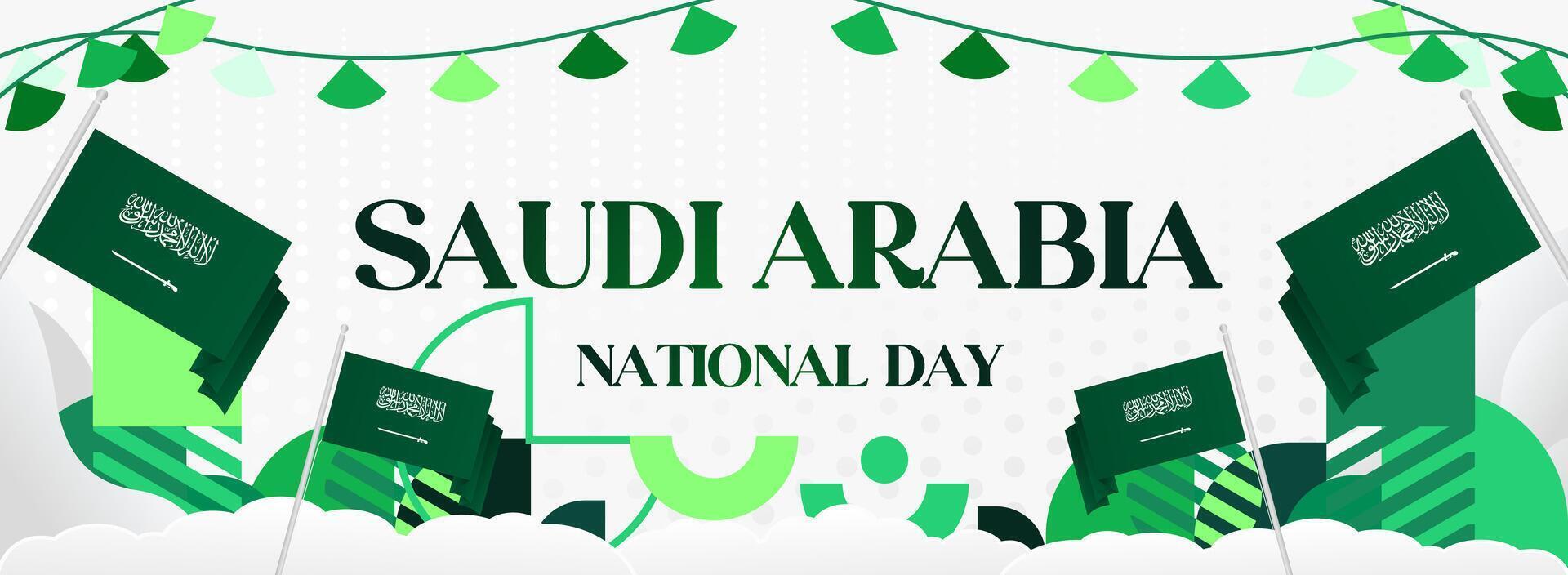 Horizontal banner design with modern geometric elements and white background, featuring Saudi Arabia flag for Independence Day celebration and other national events. vector