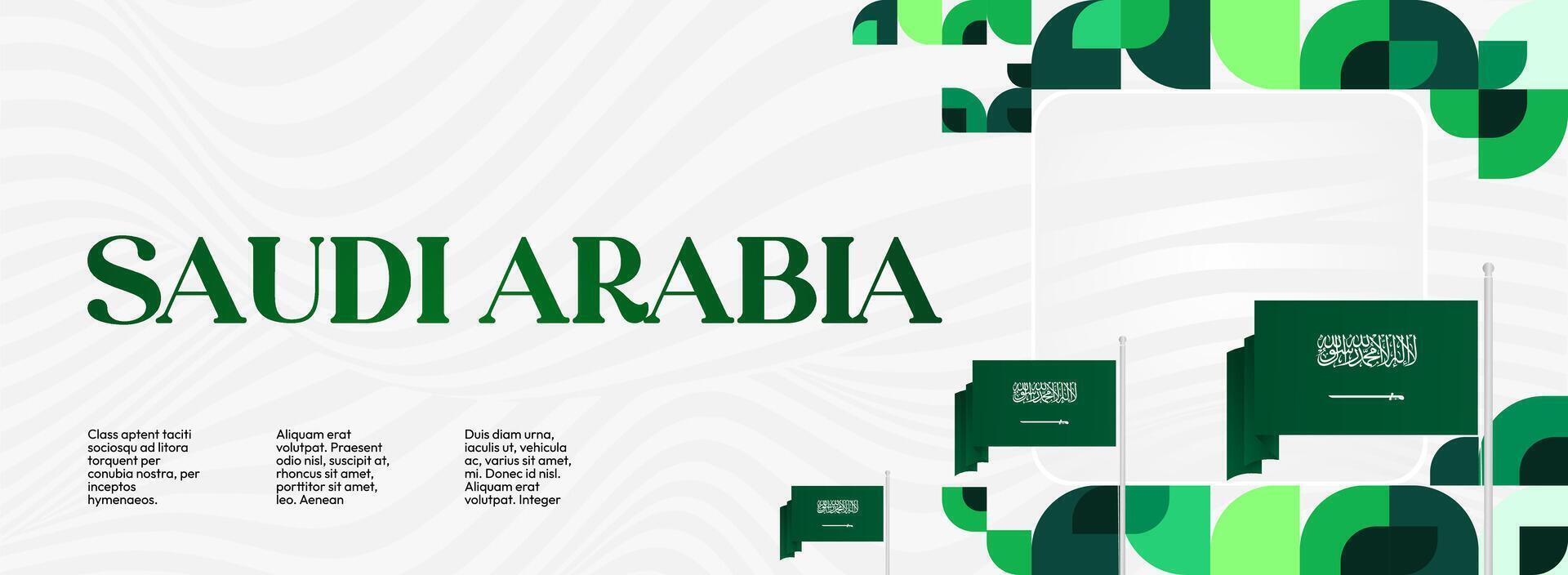 Wide banner with elegant geometric design, clean white background and Saudi Arabia flag, suitable for National Day invitation card, poster or billboard. vector