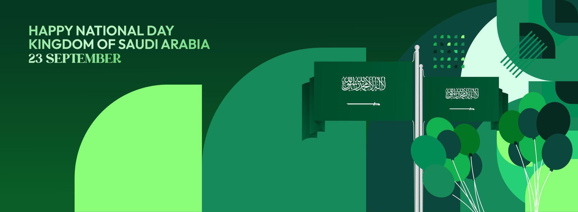 Saudi Arabia National Day banner with green background and geometric design, perfect for digital needs, invitation cards, to large billboards. vector