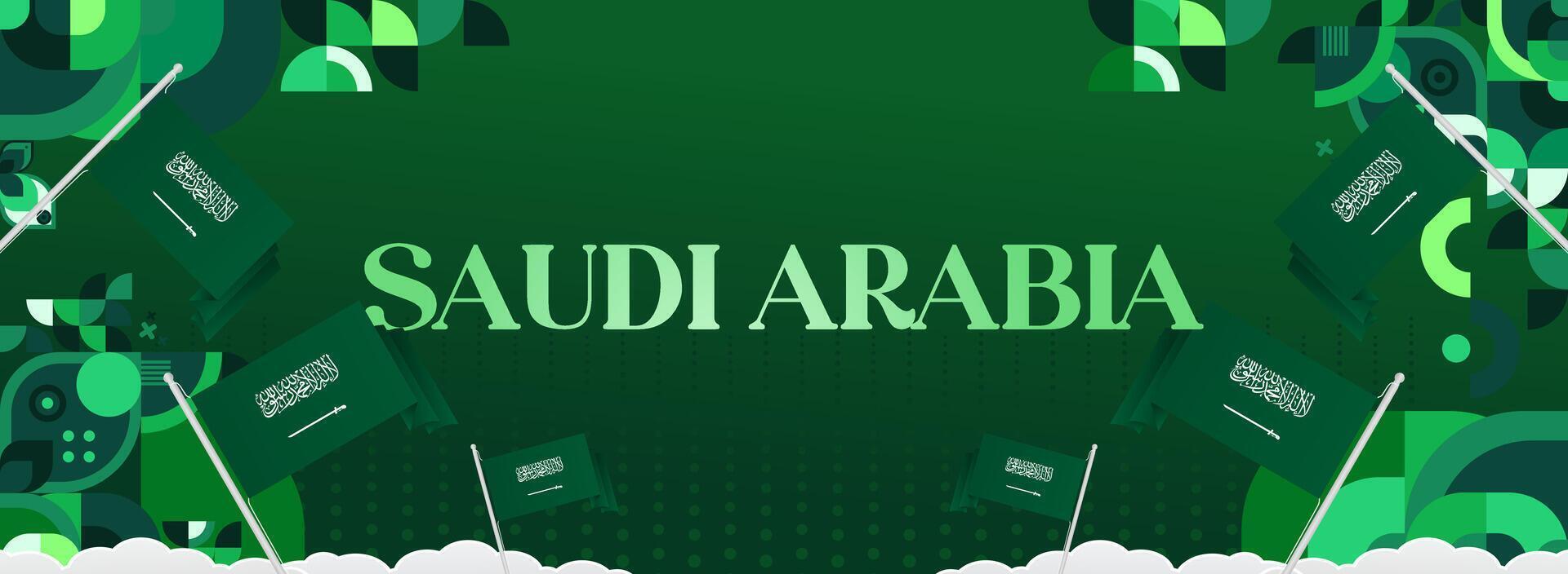 Wide banner for Saudi Arabia National Day with geometric design on green background, ideal for music events, flyers, greeting cards, and digital ads. vector