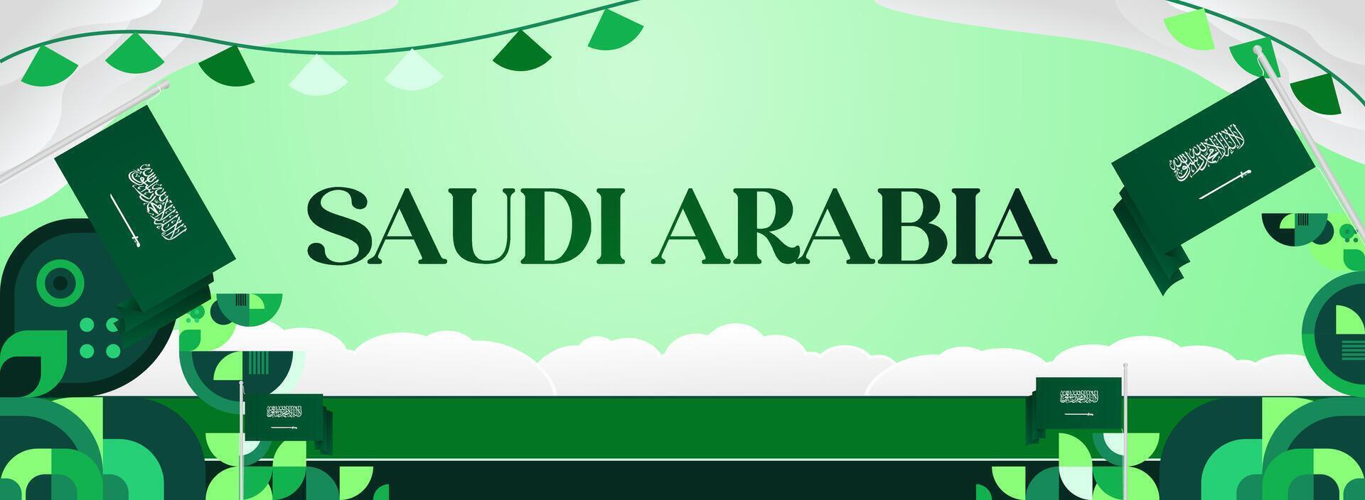 Green geometric banner design template with Saudi Arabia flag, can be used for sports events, advertising, and National Day greeting cards. vector