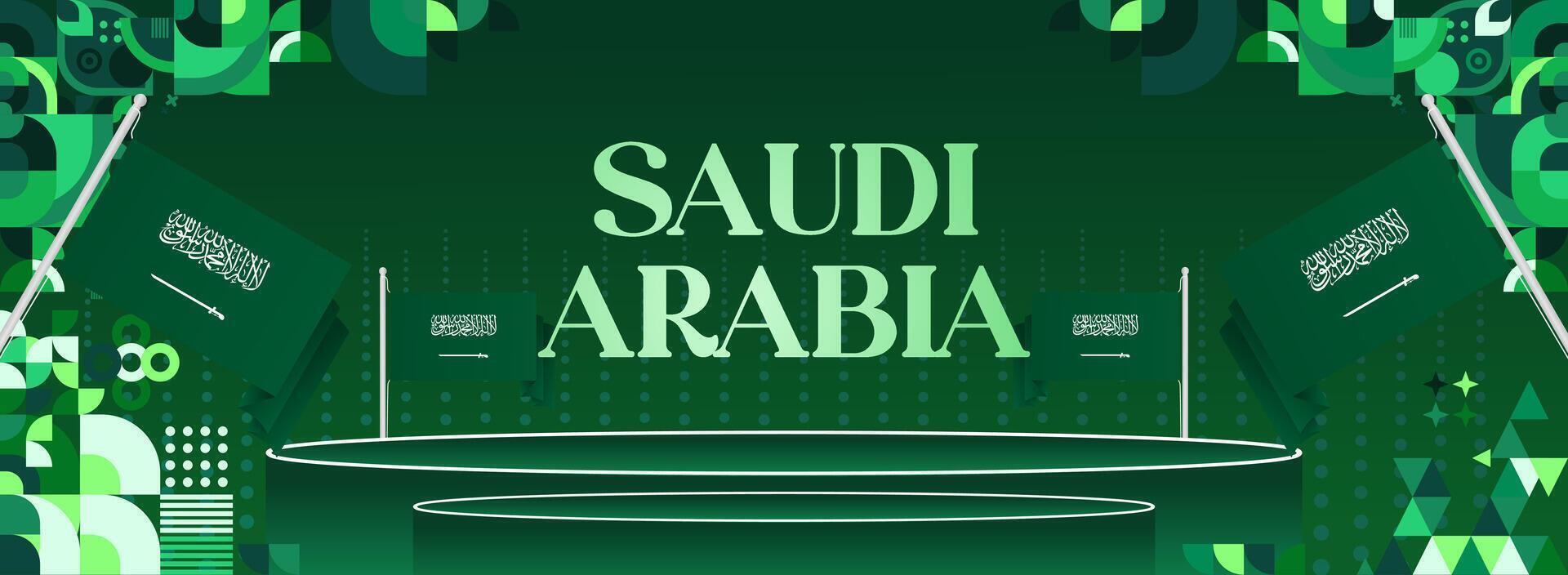 Wide banner with green geometric design and Saudi Arabia flag, ideal for event promotions, music festivals, and National Day advertisements. vector