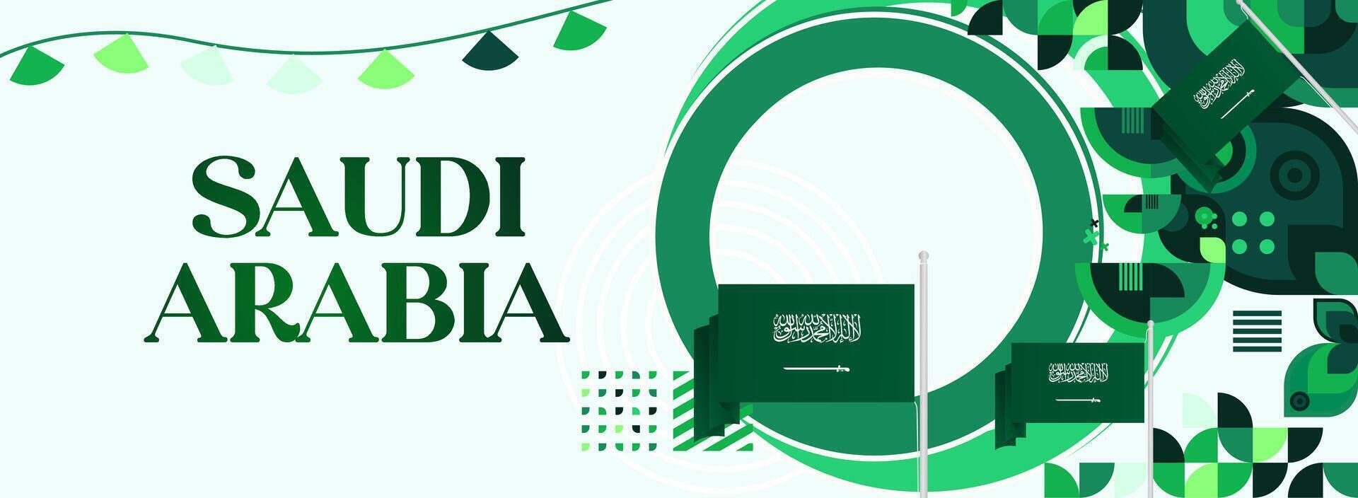 Horizontal banner featuring geometric design and white background, ideal for use in Saudi Arabia national celebration or festival events. vector