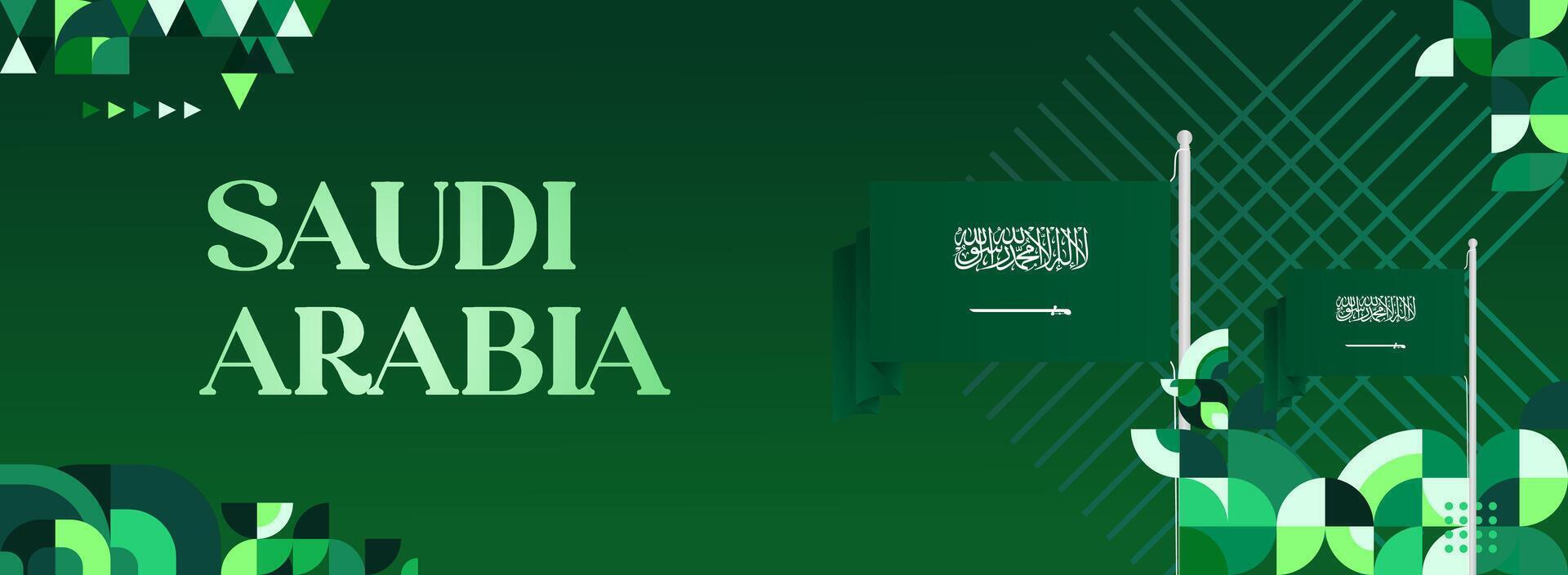 Saudi Arabia National Day banner with modern geometric elements on a green background, perfect for use on event posters, digital ads, and invitation cards. vector